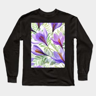 Crocus transparent flowers and green spring leaves composition. Watercolor translucent Saffron Crocus blossom Long Sleeve T-Shirt